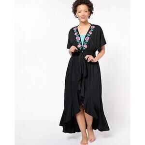 America & Beyond Womens Floral Embroidered Tie Waist Swim Cover Medium Black